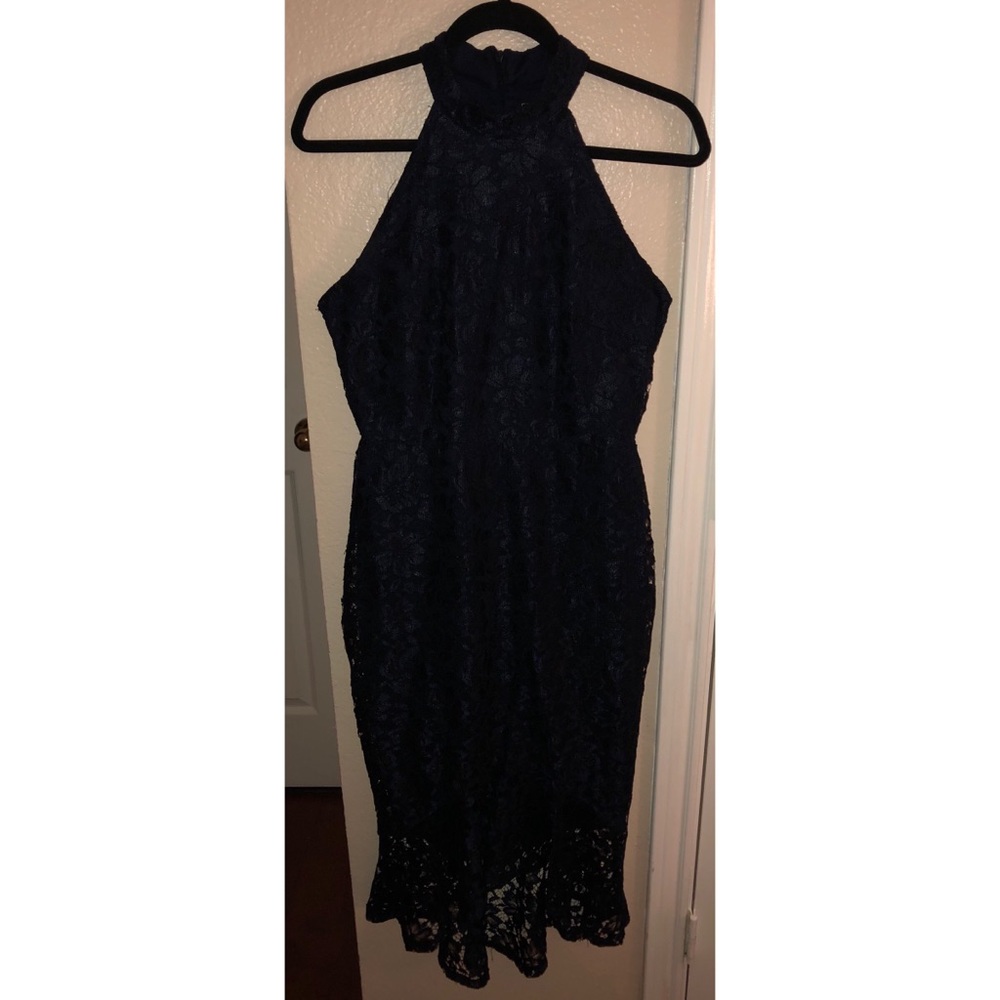 Navy Blue Lace Sheer Formal Dress